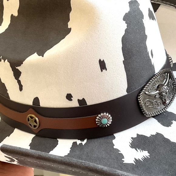 COW PRINT WESTERN LONG HORN STRAP COWBOY HAT - Picture 12 of 15